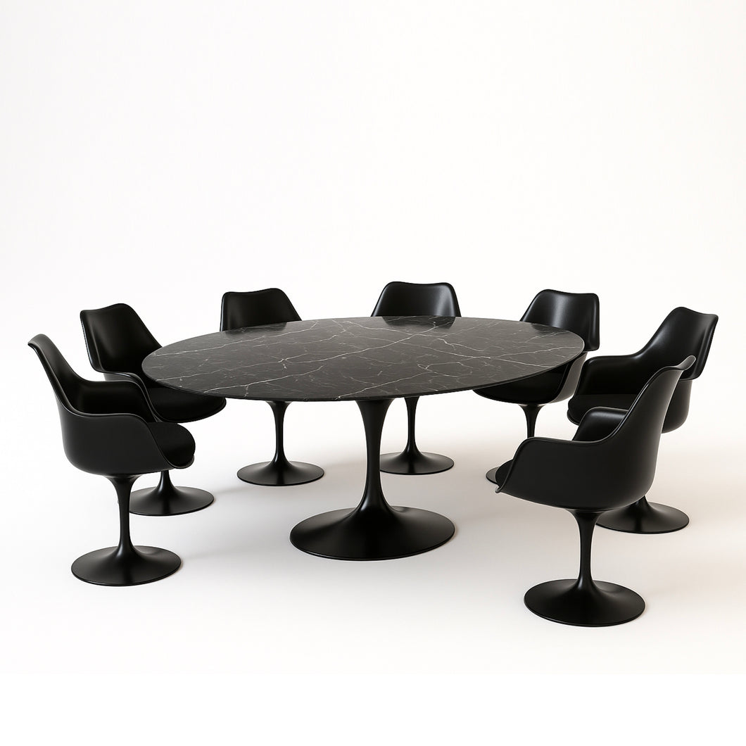 Knoll Saarinen Esstisch – Ovaler Tulip Table 198x121 cm mit Nero Marquina Marmor & schwarzem Fuß