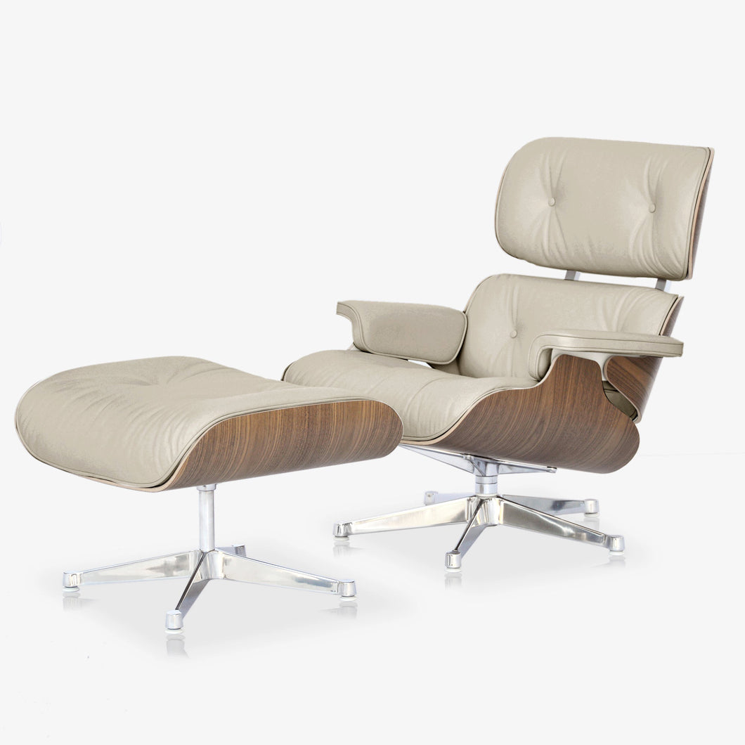 Vitra Lounge Chair & Ottoman, poliert, Nussbaum weiss pigmentiert, Leder Premium F Ton (XL / Neue Maße)