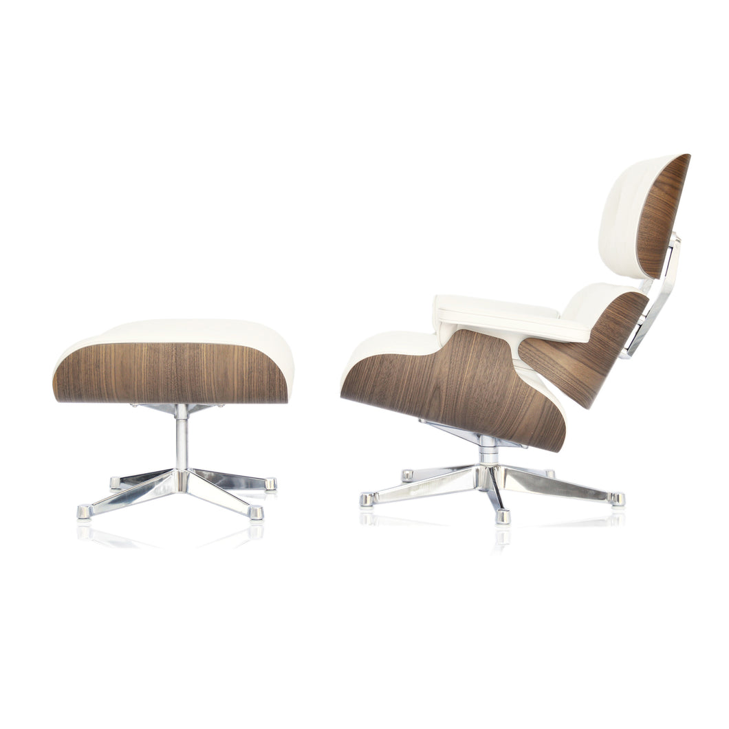 Vitra Lounge Chair & Ottoman, poliert, Nussbaum weiss pigmentiert, Leder Premium F Snow (XL / Neue Maße)